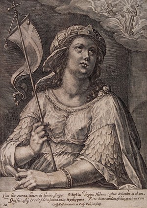 view The Agrippine sibyl. Engraving by C. de Passe II after C. de Passe I.