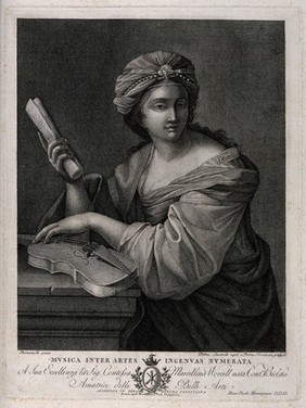 A woman personifying music. Engraving by P. Savorelli and P. Fontana after G.F. Romanelli.