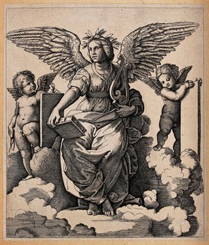 view A winged woman holding a lyre and a book; representing Poetry. Process print after M.A. Raimondi after Raphael.