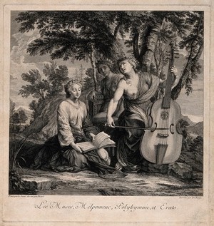 view Melpomene, Polyhymnia and Erato. Etching by G. Duchange after B. Picart after E. Le Sueur.