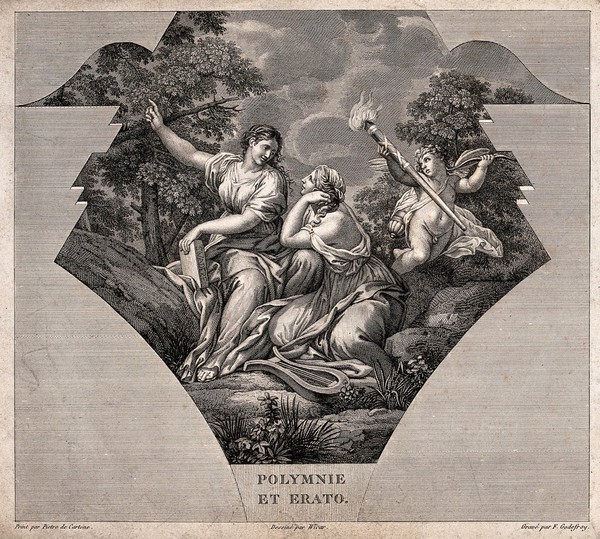 Polyhymnia and Erato. Engraving by F. Godefroy after G.B. Wicar after Pietro da Cortona.