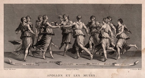 Apollo and the muses. Engraving by Marais after G.B. Wicar after Giulio Romano.