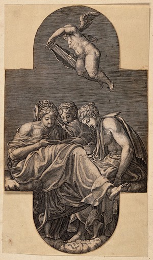 view Three muses. Engraving by G. Ghisi after F. Primaticcio.