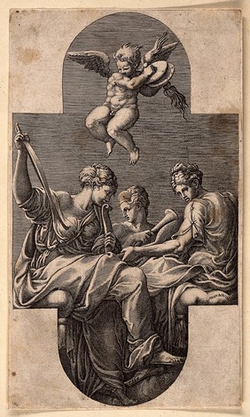 Three muses. Engraving by G. Ghisi after F. Primaticcio.