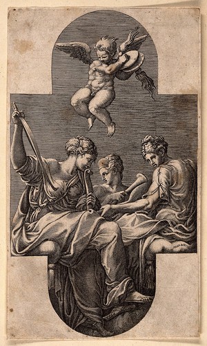 view Three muses. Engraving by G. Ghisi after F. Primaticcio.