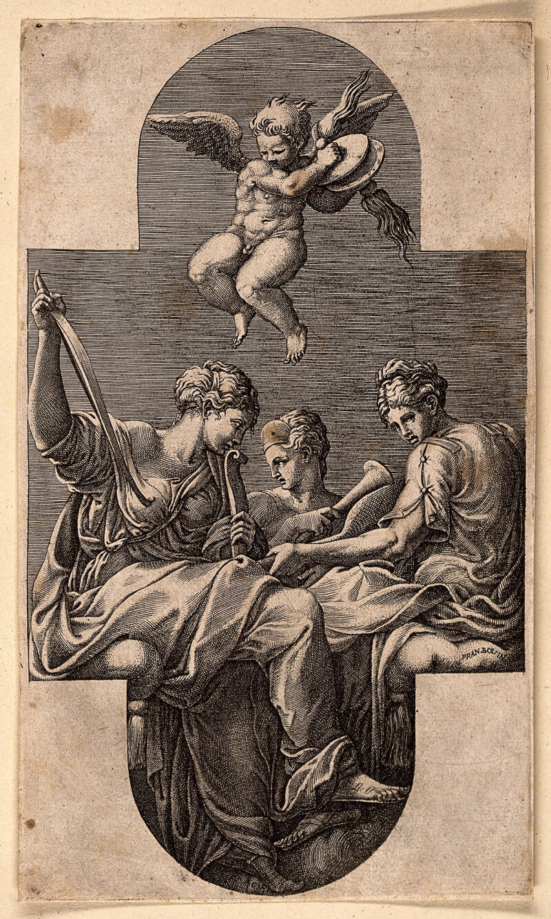 Three muses. Engraving by G. Ghisi after F. Primaticcio., by Francesco Primaticcio