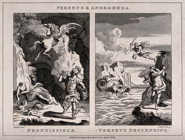 Left, Perseus cuts off the head of Medusa; right, Perseus rescues Andromeda. Etching by T. Cook, 1808, after W. Hogarth.