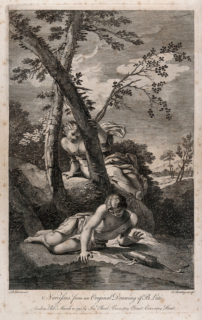 Narcissus and Echo. Engraving by F. Bartolozzi, 1791, after B. Luti., March 10, 1791, by Benedetto Luti