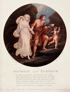 Orpheus and Eurydice. Colour process print, ca. 1900 (?) after stipple engraving by T. Burke, 1782, after A. Kauffman.