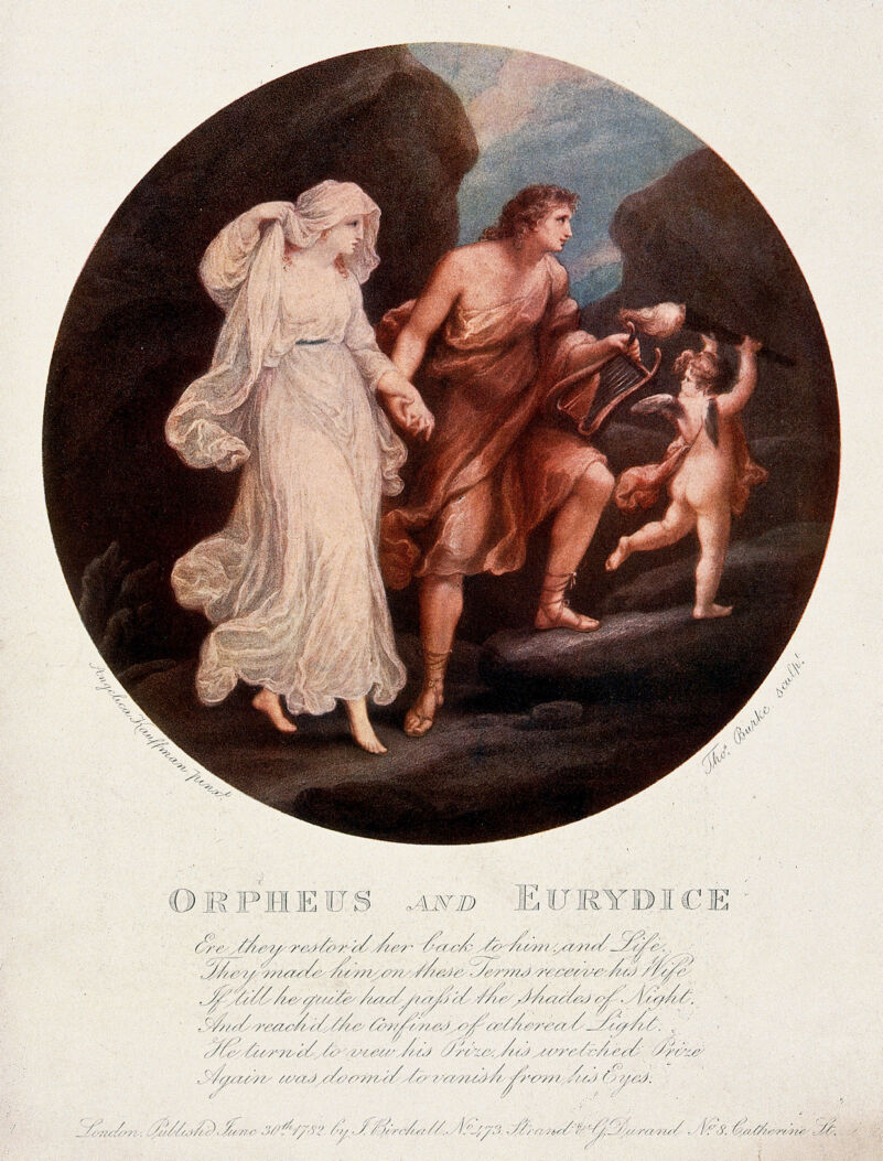Orpheus and Eurydice. Colour process print, ca. 1900 (?) after stipple engraving by T. Burke, 1782, after A. Kauffman., by Angelica Kauffmann