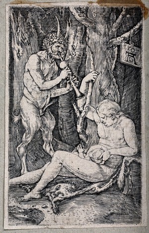 view The family of the satyr. Engraving after A. Dürer, 1505.