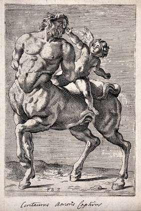 A centaur with Cupid. Etching by F. Perrier.