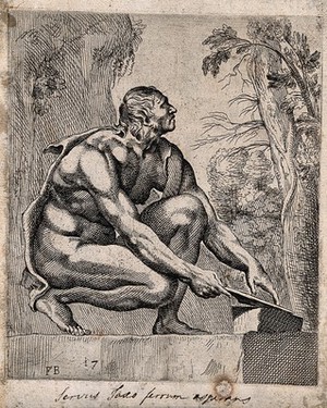 view A man sharpening a blade on a whetstone. Etching by F. Perrier.