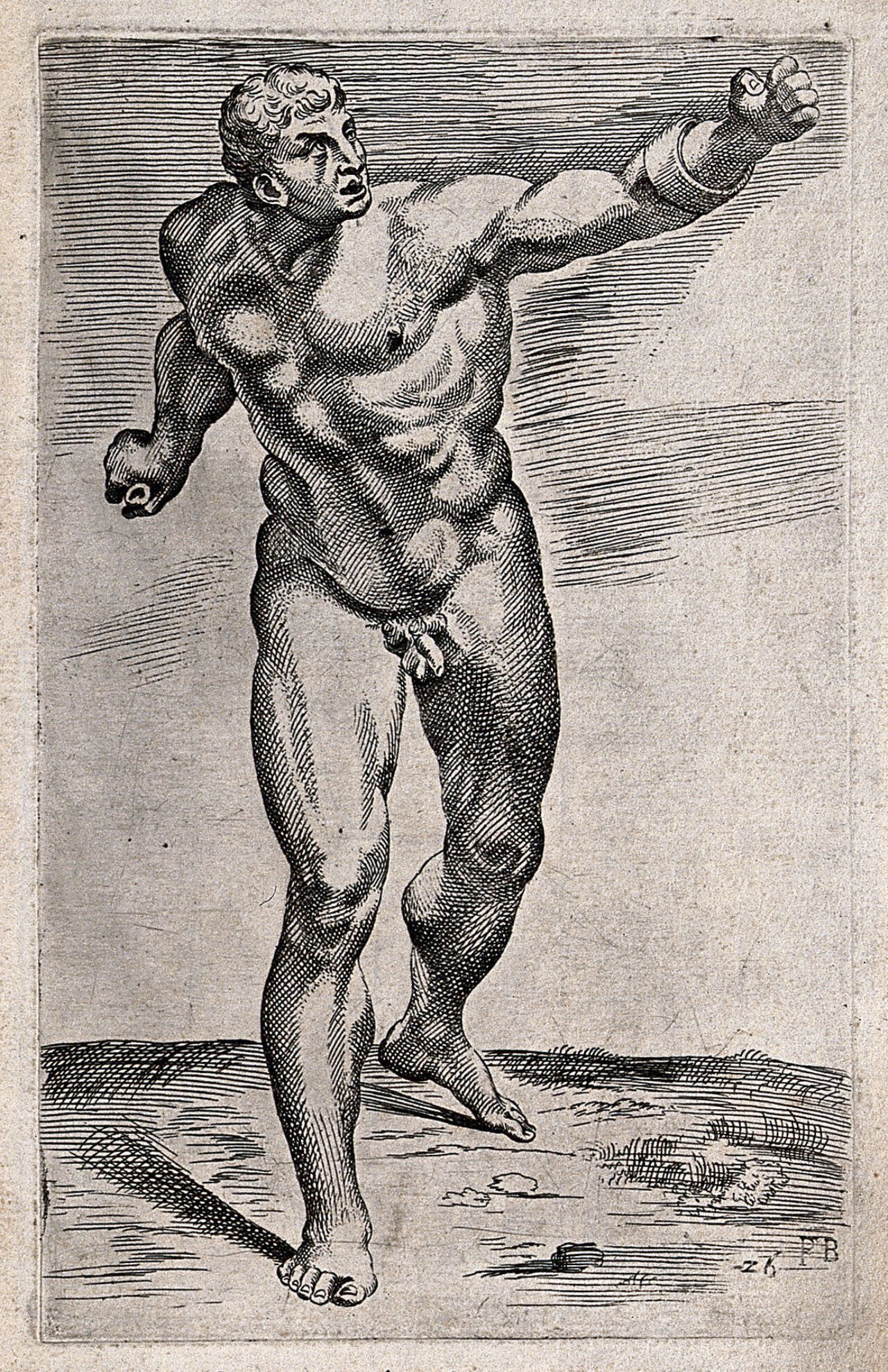 The Borghese gladiator. Etching by F. Perrier, 1638., 1638, by François Perrier