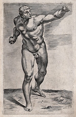 view The Borghese gladiator. Etching by F. Perrier, 1638.