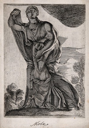 view Niobe and her daughter. Etching by F. Perrier, 1638.