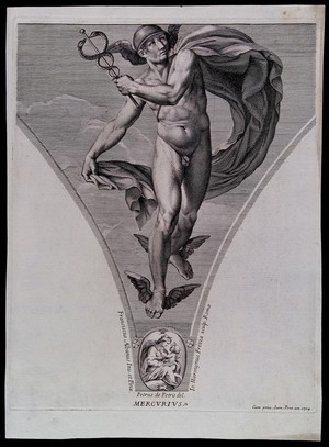 view Mercury [Hermes]. Engraving by G.H. Frezza, 1704, after P. de Petris after F. Albani.