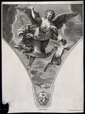 view Aurora [Eos]. Engraving by G.H. Frezza, 1704, after P. de Petris after F. Albani.