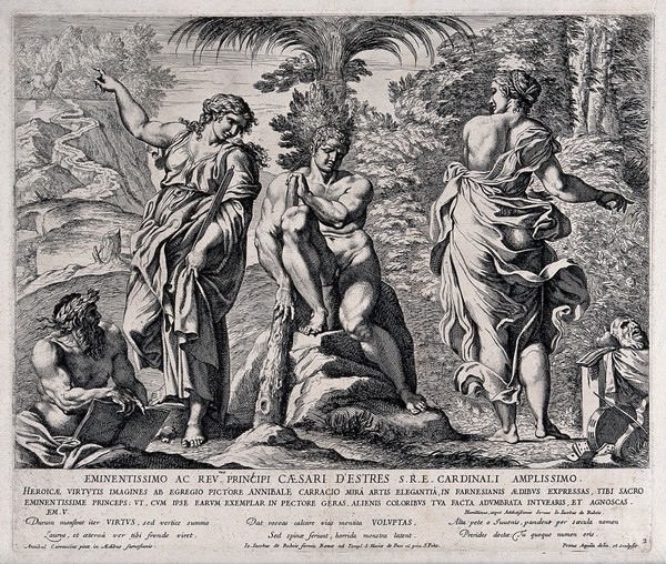 Hercules between Virtue and Vice. Etching by P. Aquila after Annibale Carracci.