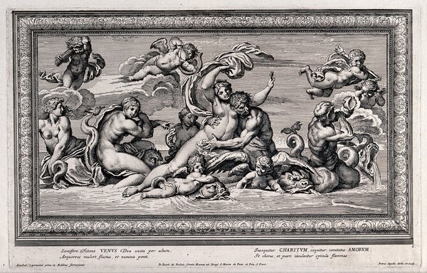 Venus (Aphrodite) carried on the waves by Triton, with the three Graces and with Cupids. Etching by P. Aquila after Annibale Carracci.