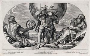 view Hercules holds up the world between two philosophers representing astronomy and mathematics. Etching by P. Aquila after G. Rossi after Annibale Carracci.