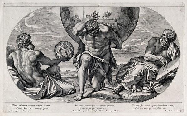 Hercules holds up the world between two philosophers representing astronomy and mathematics. Etching by P. Aquila after G. Rossi after Annibale Carracci.