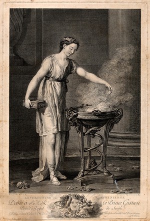 view A virtuous Athenian woman pouring incense on to a flaming tripod. Engraving by J.J. Flipart after J.M. Vien.