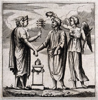 A pagan sacrifice. Etching.