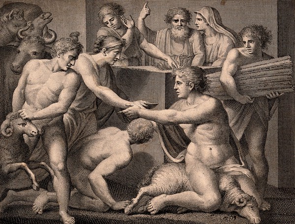 Noah and his family sacrifice a ram to God on leaving the ark. Engraving by G. Carattoni after A. de'Angeli after Michelangelo.