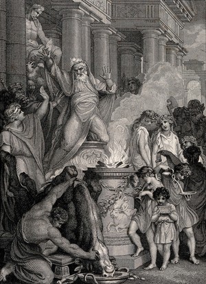 view Idomeneus prepares to sacrifice his son to Jupiter. Engraving by W. Skelton, 1793, after E.F. Burney.