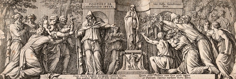 Pagans worshipping a statue of Latona in preference to Niobe. Etching by G.B. Galestruzzi, 1656, after Polidoro da Caravaggio.