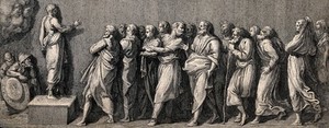 view A man preaching to a crowd. Engraving after Raphael.