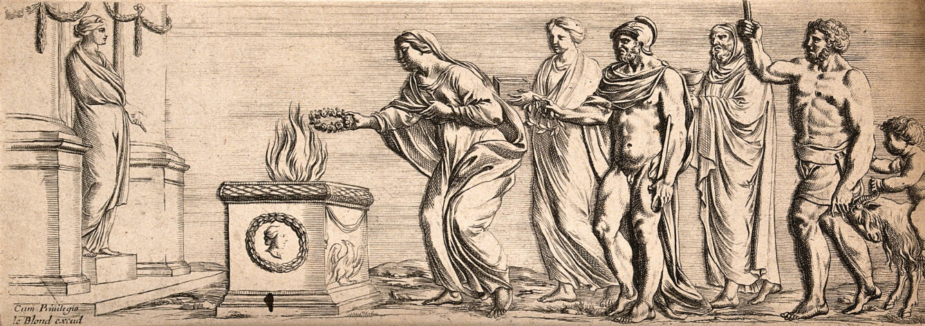 Pagan sacrifice to a goddess. Engraving.