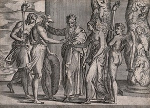 view The marriage of Perseus and Andromeda by Cepheus. Etching by Battista Angolo del Moro after Primaticcio.