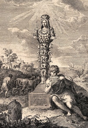 view Diana of the Ephesians (Ephesian Artemis), with a shepherd boy playing pipes. Etching by P.A. Novelli.