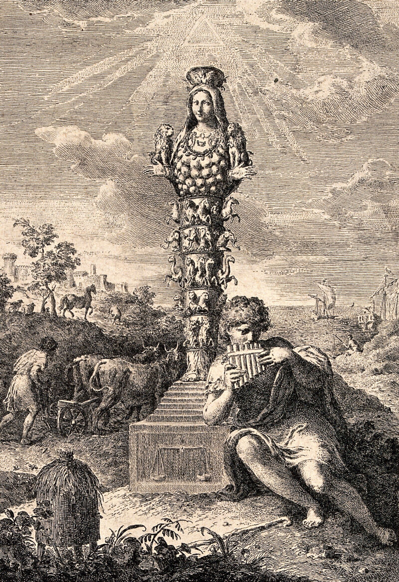 Diana of the Ephesians (Ephesian Artemis), with a shepherd boy playing pipes. Etching by P.A. Novelli., [between 1700 and 1799?], by Pietro Antonio Novelli
