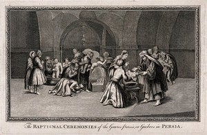 view A Zoroastrian baptism in Persia. Etching after B. Picart.