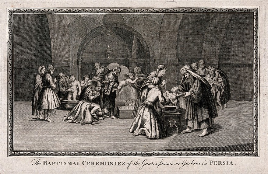 A Zoroastrian baptism in Persia. Etching after B. Picart.