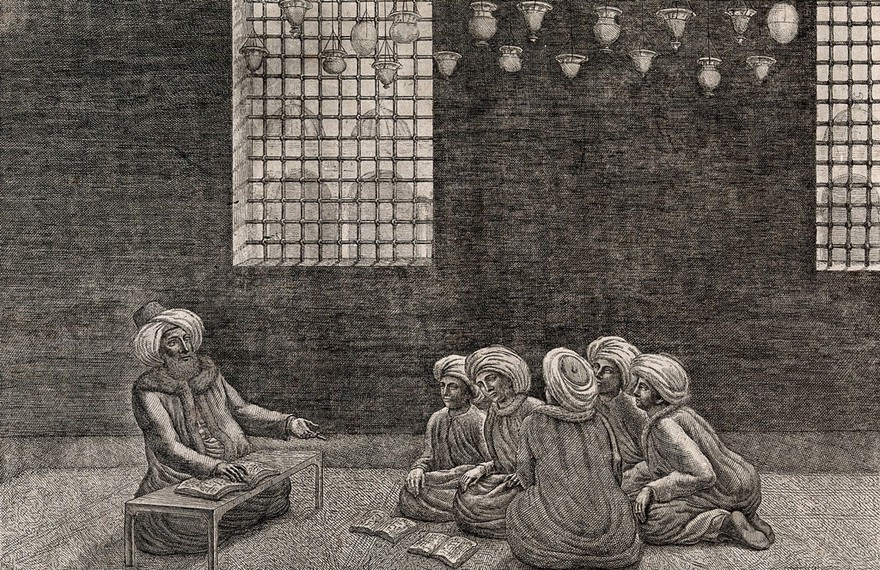 A mullah explaining the Law to a group of pupils, in Constantinople. Etching by R. Dalton.