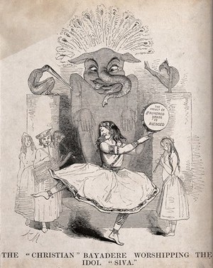 view Lord Ellenborough as a dancing girl in a Hindu temple; representing press allegations that, as Governor-General of India, he favoured Hinduism over Islam in his policy towards the gates of the temple at Somnath. Wood engraving by or after J.K. Meadows, 1843.