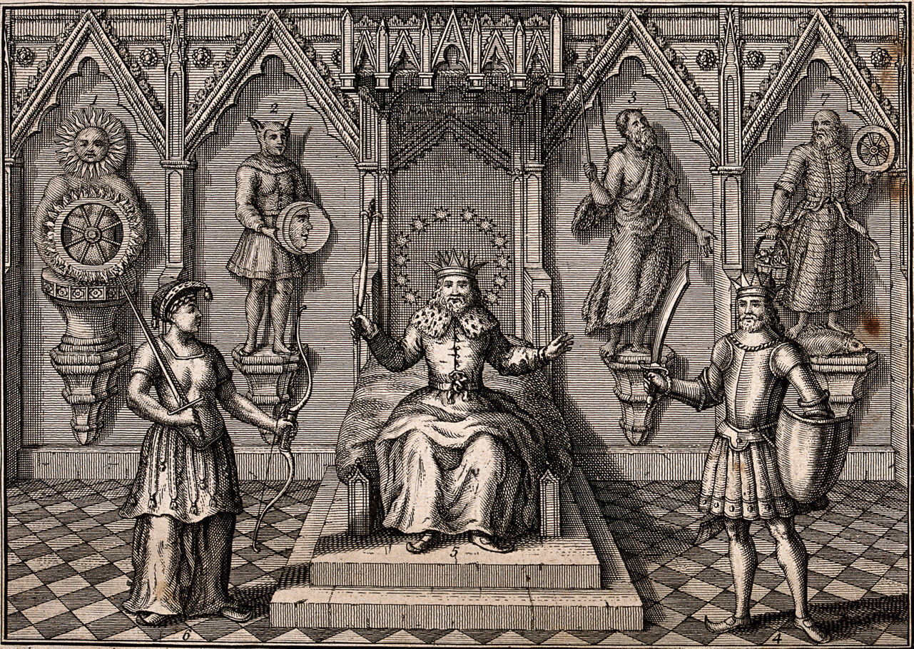 Saxon deities after which days of the week were named: Sun, Moon, Tuisco, Woden, Thor, Friga and Saeter (Seater). Etching after R. Verstegan, 17--., by Richard Rowlands