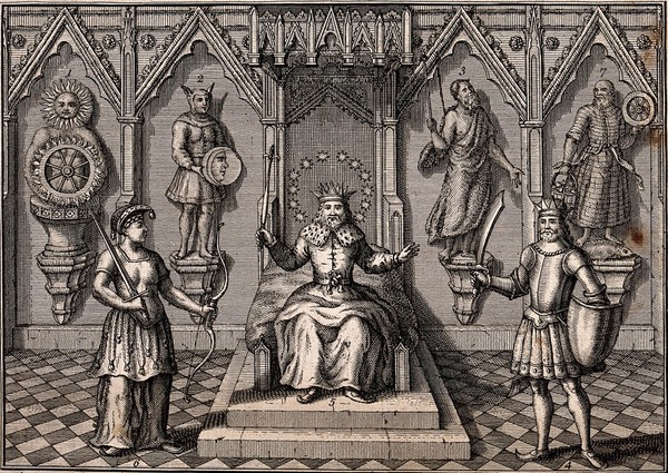 Saxon deities after which days of the week were named: Sun, Moon, Tuisco, Woden, Thor, Friga and Saeter (Seater). Etching after R. Verstegan, 17--.