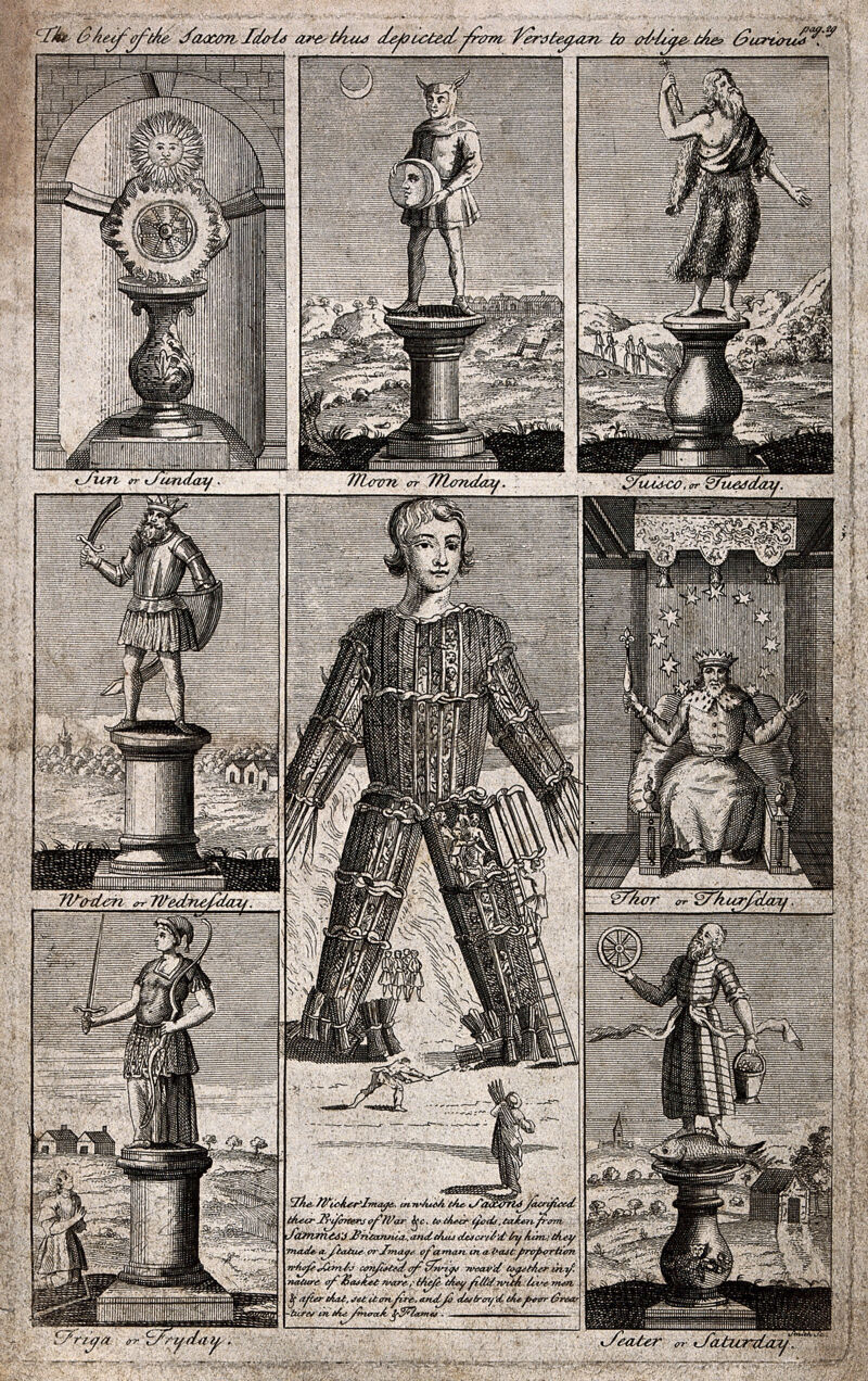A wicker man inside which people are sacrificed, surrounded by the principal deities of the Saxons. Etching by Smith after R. Verstegen and A. Sammes., by Richard Rowlands