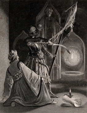 A man looking at a magic dial. Engraving by C. Rolls after D. Maclise.