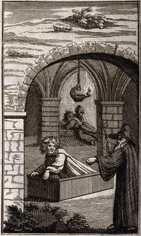 A wizard conjuring a man from his grave. Etching.