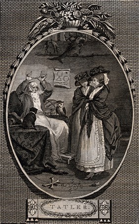 A widow with her maid Betty consults a fortune-teller in the hope that he will predict whether she will marry again, and how many times. Etching by I. Taylor, 1785, after R. Corbould.