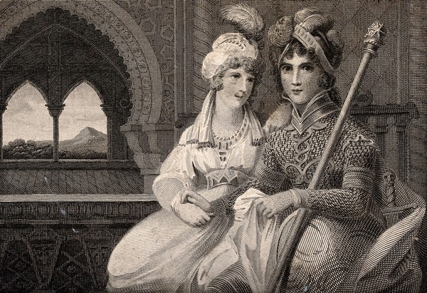 Two women in exotic costume. Engraving.