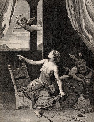A witch points at Cupid above, Mars [Ares] (?) sleeps behind her. Engraving by Q. Boel after A. Allegri, il Correggio.