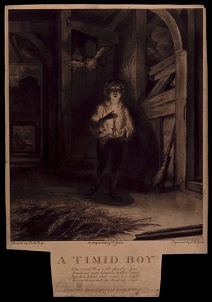 view A boy entering a darkened barn, frightened by what he fears is a ghost but is an owl. Etching by R. Pollard and aquatint by F. Jukes, 1785, after R.M. Paye.