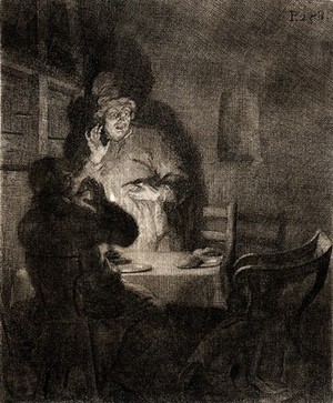 view The supper at Emmaus: disciples are amazed as Christ suddenly disappears Etching by A. Houbraken after Rembrandt.